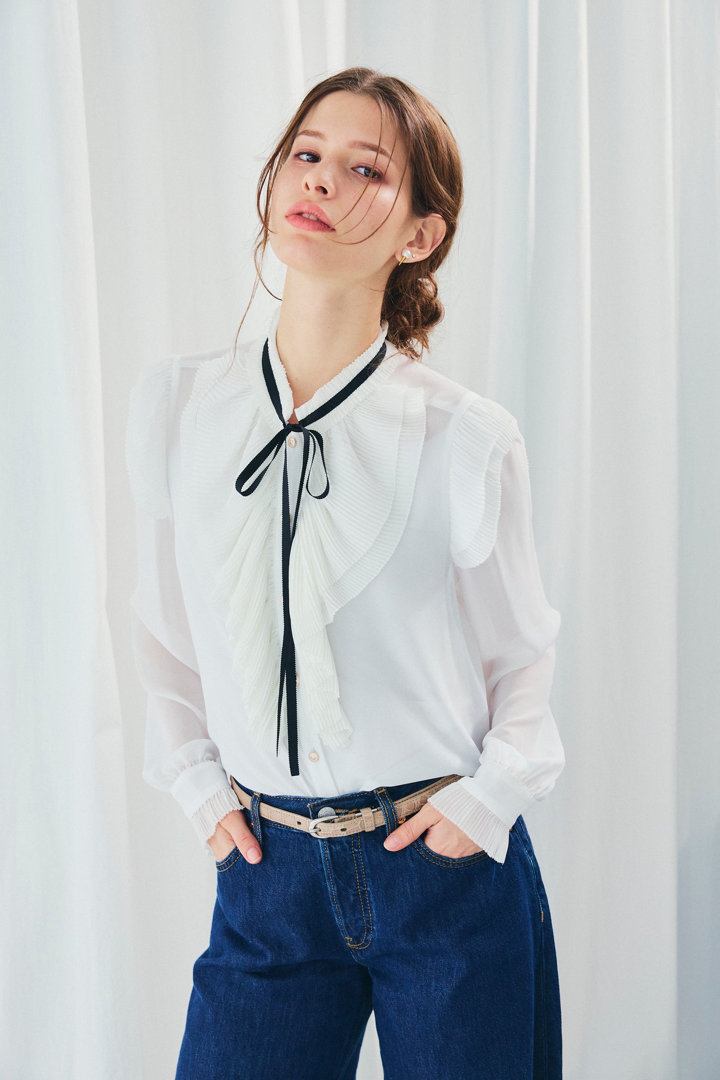 CHIFFON FRILLS BOW-TIE BLOUSE