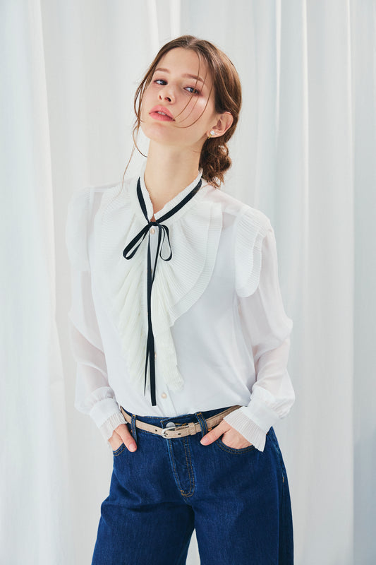 CHIFFON FRILLS BOW-TIE BLOUSE