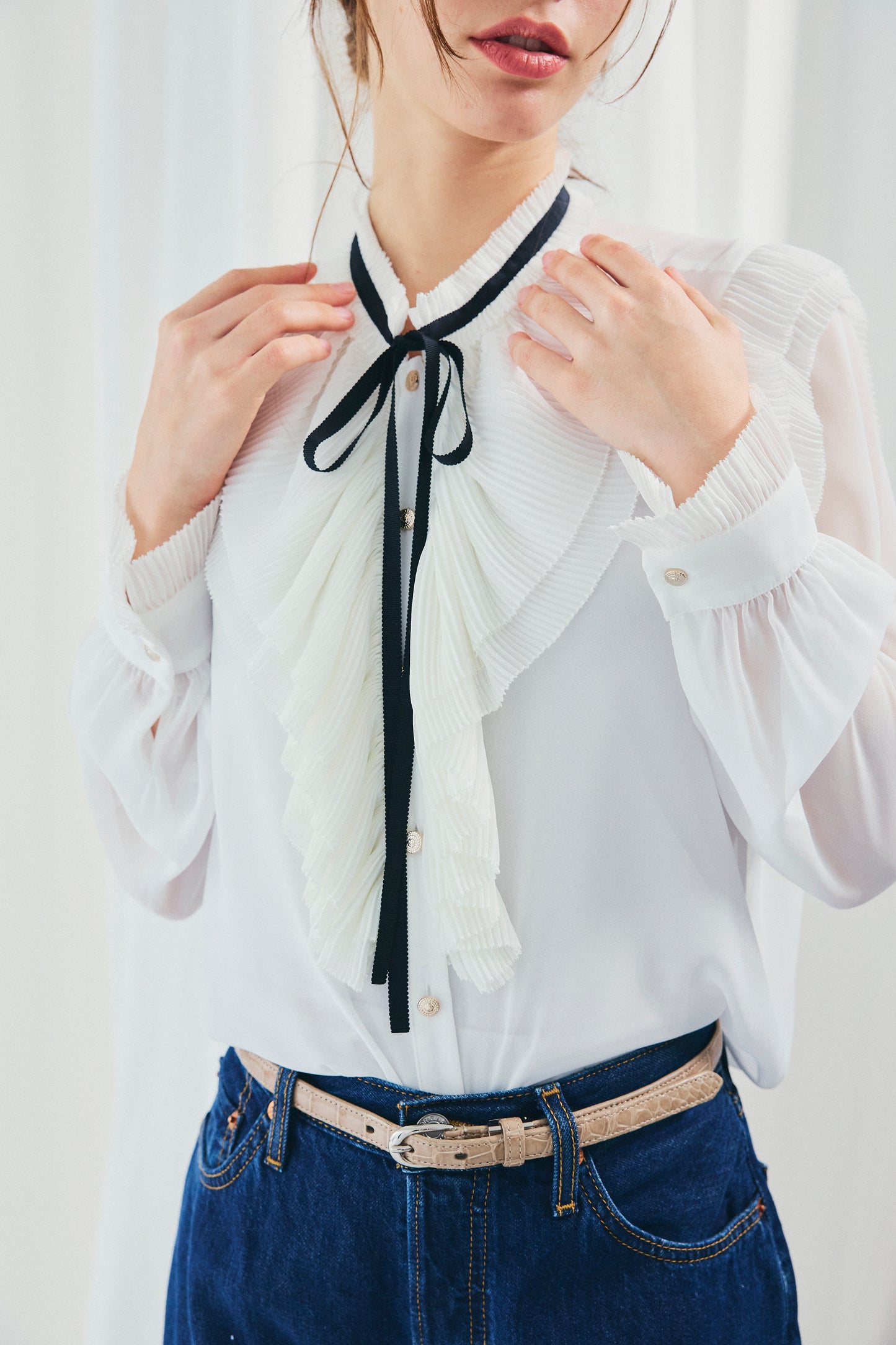 CHIFFON FRILLS BOW-TIE BLOUSE